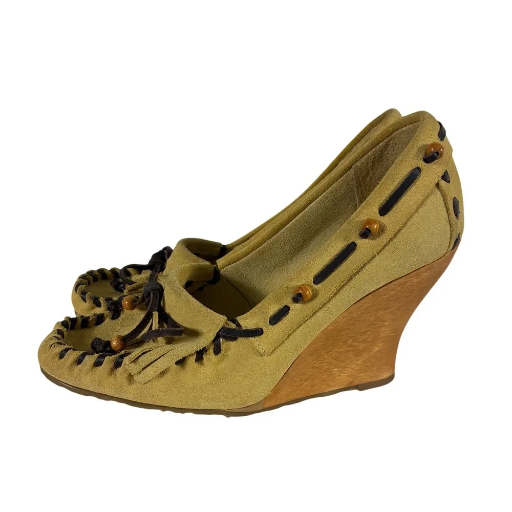 Sam Edelman Mustard Suede Moccasin Wood Wedge Heels Fringe Beads Size 8M Brazil